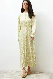 Light Green Floral Front Button Detailed Woven Dress