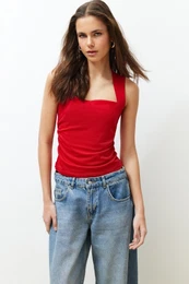 Red Plain Square Neck Strappy Gathered Fitted/Fits Body Flexible Knitted Blouse