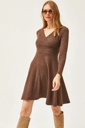 Women's Bitter Brown Double Breasted Collar Raised Mini Dress