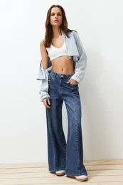 Blue Stitching Detailed High Waist Wide Leg Jeans