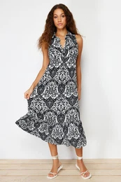Black Ethnic Maxi Polo Collar Patterned Maxi Knitted Dress