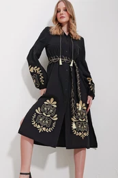 Trend Alaat Stili Women's Black Large Collar Belted Double Slit Linen Dress