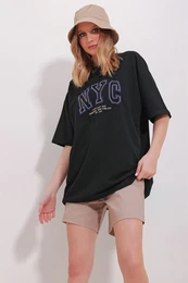 Trend Alaat Stili Women's Black Crew Neck Two Thread Embroidered Oversize Unisex T-Shirt