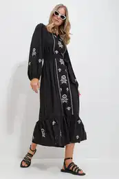 Trend Alaat Stili Women's Black Slit Neck Belted Embroidered Inner Lined Maxi Length Dress