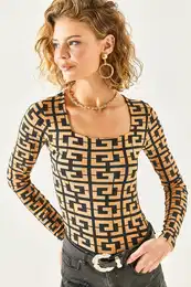 Women's Geometric Camel Square Collar Front Double Layer Lycra Blouse