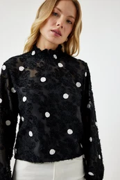 Happiness stanbul Women's Black Marked Polka Dot Woven Blouse