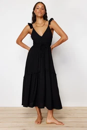 Black Maxi Woven Ruffle Beach Dress