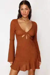 Brown Fitted Mini Knitted Ruffle Beach Dress