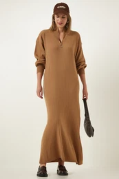 Happiness stanbul Women's Biscuit Zipper Collar Ribbed Long Knitwear Dress
