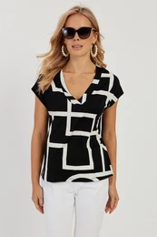 Women's Black V-Neck Patterned Blouse