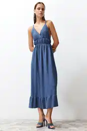 Indigo Straight Skirt Ruffled V-Neck Strap Maxi Ribbed Flexible