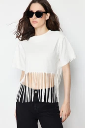 Ecru 100% Cotton Tassel Detailed Knitted T-Shirt