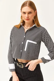 Women's Black and White Pocket and Cuff Detail Striped Crop Shirt