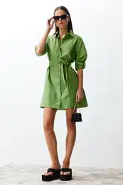 Green Belted Fabric Textured Mini Woven Shirt Dress