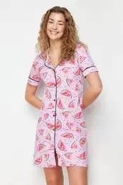 Pink 100% Cotton Watermelon Patterned Piping Knitted Nightgown