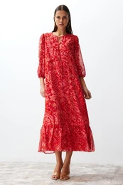 Pink Paisley Patterned Straight Cut Maxi Lined Chiffon Woven Dress