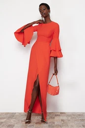 Pomegranate Flower Flounce Sleeve Detail Woven Long Elegant Evening Dress