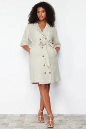 Curve Beige Double Breasted Woven Jacket Linen Blend Dress