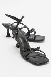 NEBEL Women's Black Skin Heeled Sandals