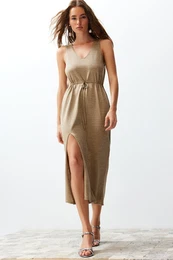 Camel Maxi Knitwear Glittery Slit Detailed Dress