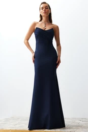 Navy Blue Collar Detail Woven Long Elegant Evening Dress
