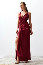 Burgundy Woven Satin Long Evening Evening Dress