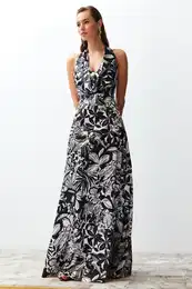 Multi Color Flower Pattern Degaje Collar Woven Satin Long Evening Dress