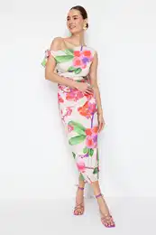 Limited Edition Multicolor Floral Printed Knitted Maxi Stretch Pencil Dress