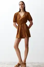 Tile Elastic Waist V-Neck Linen Look Mini Woven Jumpsuit
