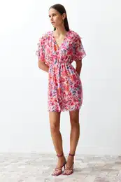 Pink Floral Patterned Ruffle Detailed Lined Chiffon Mini Woven Dress