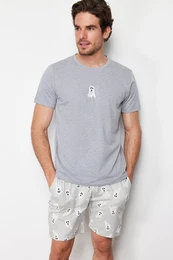Gray Printed Regular Fit Knitted Shorts Pajamas Set