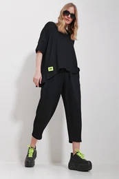 Trend Alaat Stili Women's Black Crew Neck Asymmetric Cut Coated Blouse And Pants Suit