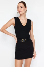 Black V Neck Snap Knitted Bodysuit