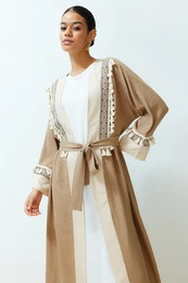 Brown Belted Embroidery Detailed Crinkle Woven Kimono & Kaftan & Abaya