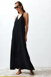 Black Maxi Woven Decollete Backless Beach Dress