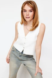 Ecru Basic Vest Look Premium Yarn/Special Yarn Knitwear Blouse