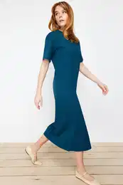 Petrol Plain T-shirt Dress 100% Cotton Slit Detailed Shift/Relaxed Cut Midi
