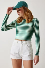 Happiness stanbul Women's Dark Green Crew Neck Striped Crop Knitted Blouse