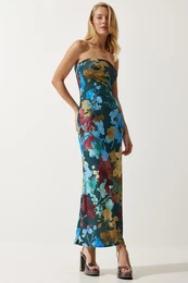 Happiness stanbul Women's Emerald Green Blue Floral Wrap Summer Strapless Dress