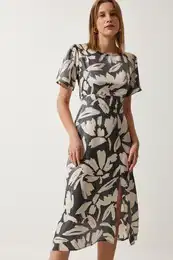 Happiness stanbul Women's Smoky Cream Patterned Satin Surface Slit Summer Dress