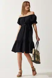 Happiness stanbul Women's Black Carmen Collar Belted Summer Muslin Dress