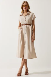 Happiness stanbul Women's Cream Belted Woven Dress