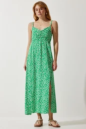 Happiness stanbul Women's Green Strap Patterned Viscose Dress