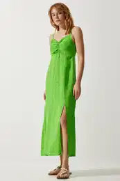 Happiness stanbul Women's Peanut Green Strappy Patterned Viscose Dress