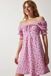 Happiness stanbul Women's Light Pink Gathered V-Neck Patterned Knitted Dress