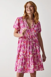 Happiness stanbul Women's Pink Floral Summer Viscose Flared Dress
