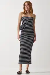Happiness stanbul Women's Black Striped Strapless Collar Ribbed Summer Knitted Dress