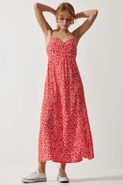 Happiness stanbul Women's Red Strap Patterned Viscose Dress