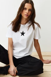White 100% Cotton Star Printed Regular/Normal Pattern Crew Neck Knitted T-Shirt