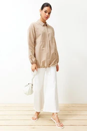 Beige Stopper Detailed Woven Shirt
